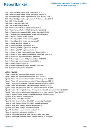 Find Industry reports, Company profiles
ReportLinker                                                                       and Market Statistics


Table 1: Poland oil & gas market value: $ billion, 2005'09 10
Table 2: Poland oil & gas market volume: million BOE, 2005'09 11
Table 3: Poland oil & gas market segmentation I:% share, by value, 2009 12
Table 4: Poland oil & gas market segmentation II: % share, by value, 2009 13
Table 5: BP Plc: key facts 23
Table 6: BP Plc: key financials ($) 28
Table 7: BP Plc: key financial ratios 28
Table 8: Polski Koncern Naftowy ORLEN SA: key facts 30
Table 9: Polski Koncern Naftowy ORLEN SA: key financials ($) 32
Table 10: Polski Koncern Naftowy ORLEN SA: key financials (PLN) 32
Table 11: Polski Koncern Naftowy ORLEN SA: key financial ratios 32
Table 12: Royal Dutch Shell plc: key facts 34
Table 13: Royal Dutch Shell plc: key financials ($) 37
Table 14: Royal Dutch Shell plc: key financial ratios 37
Table 15: StatoilHydro ASA: key facts 39
Table 16: StatoilHydro ASA: key financials ($) 42
Table 17: StatoilHydro ASA: key financials (NOK) 42
Table 18: StatoilHydro ASA: key financial ratios 42
Table 19: Poland oil & gas market value forecast: $ billion, 2009'14 44
Table 20: Poland oil & gas market volume forecast: million BOE, 2009'14 45
Table 21: Poland size of population (million), 2005'09 46
Table 22: Poland gdp (constant 2000 prices, $ billion), 2005'09 46
Table 23: Poland gdp (current prices, $ billion), 2005'09 46
Table 24: Poland inflation, 2005'09 47
Table 25: Poland consumer price index (absolute), 2005'09 47
Table 26: Poland exchange rate, 2005'09 47


LIST OF FIGURES
Figure 1: Poland oil & gas market value: $ billion, 2005'09 10
Figure 2: Poland oil & gas market volume: million BOE, 2005'09 11
Figure 3: Poland oil & gas market segmentation I:% share, by value, 2009 12
Figure 4: Poland oil & gas market segmentation II: % share, by value, 2009 13
Figure 5: Forces driving competition in the oil & gas market in Poland, 2009 14
Figure 6: Drivers of buyer power in the oil & gas market in Poland, 2009 16
Figure 7: Drivers of supplier power in the oil & gas market in Poland, 2009 17
Figure 8: Factors influencing the likelihood of new entrants in the oil & gas market in Poland, 2009 19
Figure 9: Factors influencing the threat of substitutes in the oil & gas market in Poland, 2009 21
Figure 10: Drivers of degree of rivalry in the oil & gas market in Poland, 2009 22
Figure 11: BP Plc: revenues & profitability 29
Figure 12: BP Plc: assets & liabilities 29
Figure 13: Polski Koncern Naftowy ORLEN SA: revenues & profitability 33
Figure 14: Polski Koncern Naftowy ORLEN SA: assets & liabilities 33
Figure 15: Royal Dutch Shell plc: revenues & profitability 38
Figure 16: Royal Dutch Shell plc: assets & liabilities 38
Figure 17: StatoilHydro ASA: revenues & profitability 43
Figure 18: StatoilHydro ASA: assets & liabilities 43
Figure 19: Poland oil & gas market value forecast: $ billion, 2009'14 44
Figure 20: Poland oil & gas market volume forecast: million BOE, 2009'14 45




Oil & Gas in Poland                                                                                           Page 3/6
 