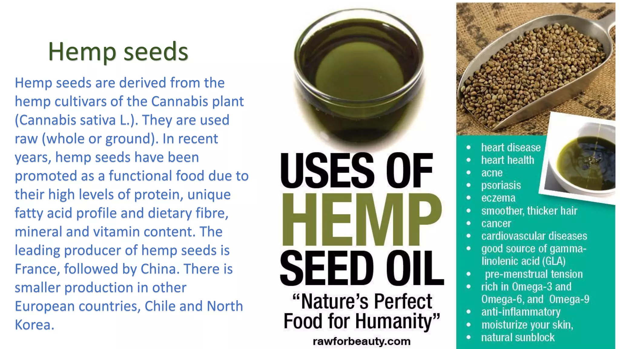 Hemp seeds
Hemp seeds are derived from the
hemp cultivars of the Cannabis plant
(Cannabis sativa L.). They are used
raw (whole or ground). In recent
years, hemp seeds have been
promoted as a functional food due to
their high levels of protein, unique
fatty acid profile and dietary fibre,
mineral and vitamin content. The
leading producer of hemp seeds is
France, followed by China. There is
smaller production in other
European countries, Chile and North
Korea.
 
