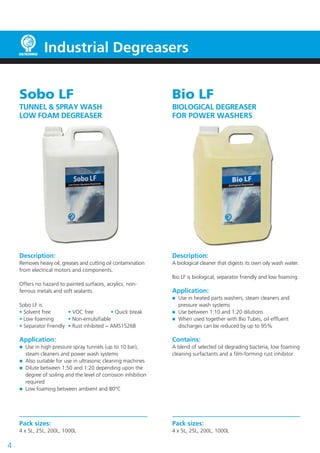 Sobo LF
TUNNEL & SPRAY WASH
LOW FOAM DEGREASER
Description:
Removes heavy oil, greases and cutting oil contamination
from electrical motors and components.
Offers no hazard to painted surfaces, acrylics, non-
ferrous metals and soft sealants.
Sobo LF is:
• Solvent free 	 • VOC free	 • Quick break
• Low foaming	 • Non-emulsifiable
• Separator Friendly	 • Rust inhibited − AMS1526B
Application:
	 Use in high pressure spray tunnels (up to 10 bar),
	 steam cleaners and power wash systems
	 Also suitable for use in ultrasonic cleaning machines
	 Dilute between 1:50 and 1:20 depending upon the
	 degree of soiling and the level of corrosion inhibition
	required
	 Low foaming between ambient and 80°C
Pack sizes:
4 x 5L, 25L, 200L, 1000L
Bio LF
BIOLOGICAL DEGREASER
FOR POWER WASHERS
Description:
A biological cleaner that digests its own oily wash water.
Bio LF is biological, separator friendly and low foaming.
Application:
	 Use in heated parts washers, steam cleaners and
	 pressure wash systems
	 Use between 1:10 and 1:20 dilutions
	 When used together with Bio Tubes, oil effluent
	 discharges can be reduced by up to 95%
Contains:
A blend of selected oil degrading bacteria, low foaming
cleaning surfactants and a film-forming rust inhibitor
Pack sizes:
4 x 5L, 25L, 200L, 1000L
4
Industrial Degreasers
 
