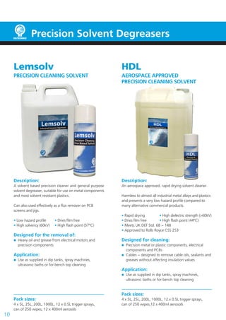 HDL
AEROSPACE APPROVED
PRECISION CLEANING SOLVENT
Description:
An aerospace approved, rapid drying solvent cleaner.
Harmless to almost all industrial metal alloys and plastics
and presents a very low hazard profile compared to
many alternative commercial products.
• Rapid drying	 • High dielectric strength (>60kV)
• Dries film free	 • High flash point (44°C)
• Meets UK DEF Std. 68 − 148
• Approved to Rolls Royce CSS 253
Designed for cleaning:
	 Precision metal or plastic components, electrical
	 components and PCBs
	 Cables − designed to remove cable oils, sealants and
	 greases without affecting insulation values.
Application:
	 Use as supplied in dip tanks, spray machines,
	 ultrasonic baths or for bench top cleaning
Pack sizes:
4 x 5L, 25L, 200L, 1000L, 12 x 0.5L trigger sprays,
can of 250 wipes,12 x 400ml aerosols
Lemsolv
PRECISION CLEANING SOLVENT
Description:
A solvent based precision cleaner and general purpose
solvent degreaser, suitable for use on metal components
and most solvent resistant plastics.
Can also used effectively as a flux remover on PCB
screens and jigs.
• Low hazard profile	 • Dries film free
• High solvency (60kV)	 • High flash point (57°C)
Designed for the removal of:
	 Heavy oil and grease from electrical motors and
	 precision components
Application:
	 Use as supplied in dip tanks, spray machines,
	 ultrasonic baths or for bench top cleaning
Pack sizes:
4 x 5L, 25L, 200L, 1000L, 12 x 0.5L trigger sprays,
can of 250 wipes, 12 x 400ml aerosols
Precision Solvent Degreasers
10
 