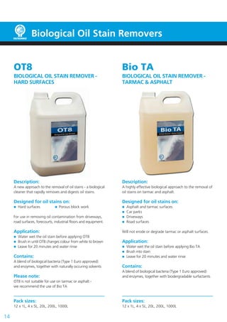 Biological Oil Stain Removers
14
OT8
BIOLOGICAL OIL STAIN REMOVER -
HARD SURFACES
Description:
A new approach to the removal of oil stains - a biological
cleaner that rapidly removes and digests oil stains.
Designed for oil stains on:
	 Hard surfaces		  Porous block work
For use in removing oil contamination from driveways,
road surfaces, forecourts, industrial floors and equipment.
Application:
	 Water wet the oil stain before applying OT8
	 Brush in until OT8 changes colour from white to brown
	 Leave for 20 minutes and water rinse
Contains:
A blend of biological bacteria (Type 1 Euro approved)
and enzymes, together with naturally occuring solvents
Please note:
OT8 is not suitable for use on tarmac or asphalt -
we recommend the use of Bio TA
Pack sizes:
12 x 1L, 4 x 5L, 20L, 200L, 1000L
Bio TA
BIOLOGICAL OIL STAIN REMOVER -
TARMAC & ASPHALT
Description:
A highly effective biological approach to the removal of
oil stains on tarmac and asphalt.
Designed for oil stains on:
	 Asphalt and tarmac surfaces
	 Car parks
	 Driveways
	 Road surfaces
Will not erode or degrade tarmac or asphalt surfaces.
Application:
	 Water wet the oil stain before applying Bio TA
	 Brush into stain
	 Leave for 20 minutes and water rinse
Contains:
A blend of biological bacteria (Type 1 Euro approved)
and enzymes, together with biodergradable surfactants
Pack sizes:
12 x 1L, 4 x 5L, 20L, 200L, 1000L
 