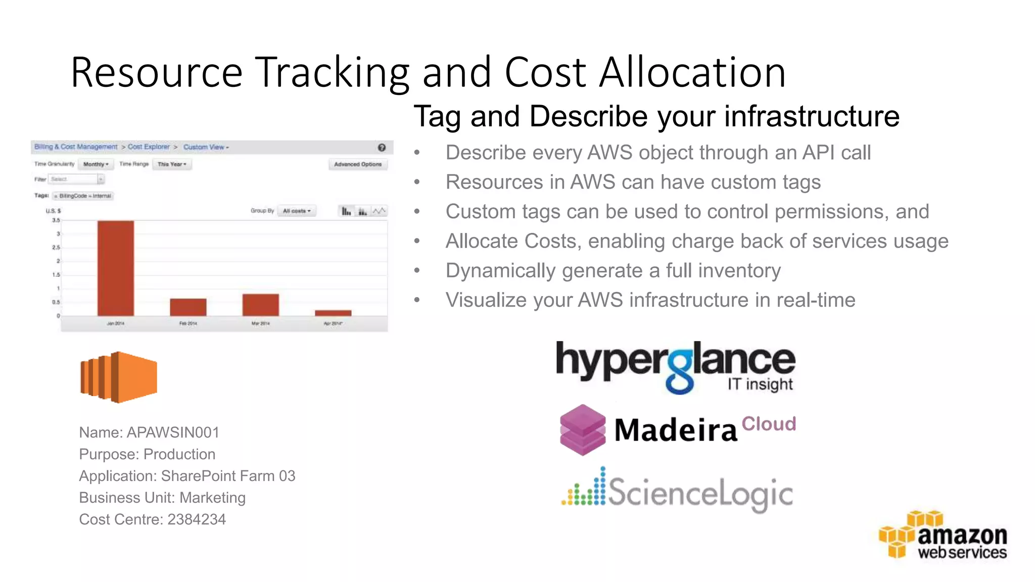 v
Resource Tracking and Cost Allocation
Tag and Describe your infrastructure
• Describe every AWS object through an API call
• Resources in AWS can have custom tags
• Custom tags can be used to control permissions, and
• Allocate Costs, enabling charge back of services usage
• Dynamically generate a full inventory
• Visualize your AWS infrastructure in real-time
Name: APAWSIN001
Purpose: Production
Application: SharePoint Farm 03
Business Unit: Marketing
Cost Centre: 2384234
 