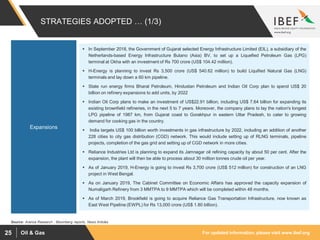 For updated information, please visit www.ibef.orgOil & Gas25
STRATEGIES ADOPTED … (1/3)
Source: Aranca Research , Bloomberg reports, News Articles
Open Acreage Licensing Policy
Expansions
 In September 2018, the Government of Gujarat selected Energy Infrastructure Limited (EIL), a subsidiary of the
Netherlands-based Energy Infrastructure Butano (Asia) BV, to set up a Liquefied Petroleum Gas (LPG)
terminal at Okha with an investment of Rs 700 crore (US$ 104.42 million).
 H-Energy is planning to invest Rs 3,500 crore (US$ 540.62 million) to build Liquified Natural Gas (LNG)
terminals and lay down a 60 km pipeline.
 State run energy firms Bharat Petroleum, Hindustan Petroleum and Indian Oil Corp plan to spend US$ 20
billion on refinery expansions to add units, by 2022
 Indian Oil Corp plans to make an investment of US$22.91 billion, including US$ 7.64 billion for expanding its
existing brownfield refineries, in the next 5 to 7 years. Moreover, the company plans to lay the nation's longest
LPG pipeline of 1987 km, from Gujarat coast to Gorakhpur in eastern Uttar Pradesh, to cater to growing
demand for cooking gas in the country.
 India targets US$ 100 billion worth investments in gas infrastructure by 2022, including an addition of another
228 cities to city gas distribution (CGD) network. This would include setting up of RLNG terminals, pipeline
projects, completion of the gas grid and setting up of CGD network in more cities.
 Reliance Industries Ltd is planning to expand its Jamnagar oil refining capacity by about 50 per cent. After the
expansion, the plant will then be able to process about 30 million tonnes crude oil per year.
 As of January 2019, H-Energy is going to invest Rs 3,700 crore (US$ 512 million) for construction of an LNG
project in West Bengal.
 As on January 2019, The Cabinet Committee on Economic Affairs has approved the capacity expansion of
Numaligarh Refinery from 3 MMTPA to 9 MMTPA which will be completed within 48 months.
 As of March 2019, Brookfield is going to acquire Reliance Gas Transportation Infrastructure, now known as
East West Pipeline (EWPL) for Rs 13,000 crore (US$ 1.80 billion).
 