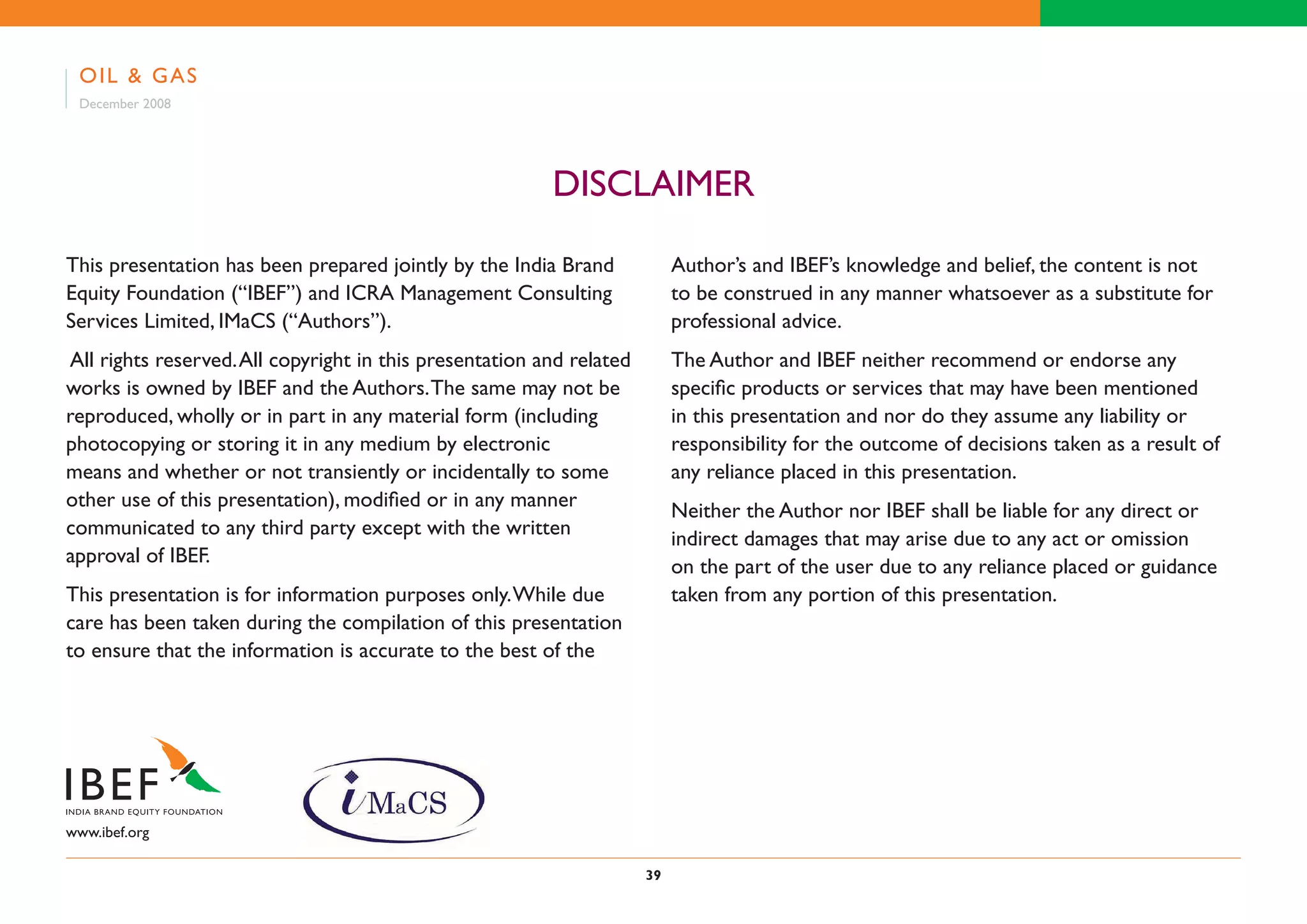 Indian Oil & Gas Industry Presentation 010709