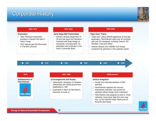 Corporate History

                1960-1975                                      1976-1980                                            1989-2000

  Exploration                                     Early Stage E&P Partnerships                 “Open Door” Policy
  • 1960: Petroleum exploration                   • Vietnam General Department of              • “Open door” policy attracts aggressive oil and gas
    activities in Vietnam first start in            Oil and Gas signs five Petroleum             exploration, PetroVietnam signs over 40 contracts
    Hanoi Trough                                    Contracts with three foreign oil             with over 50 companies, including Chevron, BP,
  • 1970: Natural gas first discovered              companies, including AGIP, for               RD/Shell, Total and ONGC
    in Thai Binh province                           exploration and production in the          • Vietnam attracts over US$3Bn from foreign
                                                    South Continental Shelf                      investment for petroleum in the upstream sector




            1960                       1970                    1980                     1990                    2000                  2009




         1975                                               1981-1988                                                  2000-present

  Establishment of                            JV Arrangements with Russia                          Vertical Integration
  PetroVietnam                                • Vietsovpetro, petroleum JV between                 • Growth and internationalization of E&P
                                                Vietnamese and USSR government,                      activities
                                                established in 1981                                • PetroVietnam expands into mid and
                                              • Exploration in Bach Ho field lead to                 downstream activities, new policies for
                                                discovery of crude oil                               upstream attract foreign direct investment
                                                                                                   • PetroVietnam was assigned to build (i) three
                                                                                                     refineries: Dung Quat, Nghi Son and Long
                                                                                                     Son; (ii) five thermal Power Plants and (iii)
                                                                                                     three Bio-fuel Plants.



                                                       10
                                                       10
 