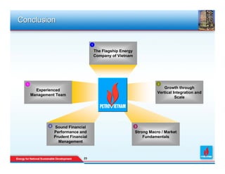 Conclusion


                                      1

                                          The Flagship Energy
                                          Company of Vietnam




  5                                                                        2
                                                                              Growth through
        Experienced
                                                                           Vertical Integration and
      Management Team
                                                                                     Scale




              4                                                 3
                   Sound Financial
                  Performance and                               Strong Macro / Market
                  Prudent Financial                                 Fundamentals
                    Management



                                 23
                                 23
 
