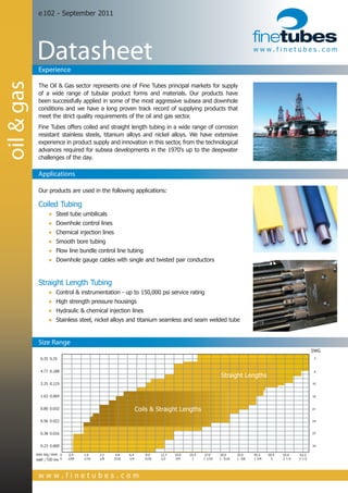e 102 - September 2011




            Datasheet
             Experience
                                                                                                                                   www.finetubes.com
oil & gas

             The Oil & Gas sector represents one of Fine Tubes principal markets for supply
             of a wide range of tubular product forms and materials. Our products have
             been successfully applied in some of the most aggressive subsea and downhole
             conditions and we have a long proven track record of supplying products that
             meet the strict quality requirements of the oil and gas sector.
             Fine Tubes offers coiled and straight length tubing in a wide range of corrosion
             resistant stainless steels, titanium alloys and nickel alloys. We have extensive
             experience in product supply and innovation in this sector, from the technological
             advances required for subsea developments in the 1970's up to the deepwater
             challenges of the day.

             Applications

             Our products are used in the following applications:

             Coiled Tubing
             	       ●	 Steel tube umbilicals
             	       ●	 Downhole control lines
             	       ●	 Chemical injection lines
             	       ●	 Smooth bore tubing
             	       ●	 Flow line bundle control line tubing
             	       ●	 Downhole gauge cables with single and twisted pair conductors


             Straight Length Tubing
             	       ●	 Control & instrumentation - up to 150,000 psi service rating
             	       ●	 High strength pressure housings
             	       ●	 Hydraulic & chemical injection lines
             	       ●	 Stainless steel, nickel alloys and titanium seamless and seam welded tube


             Size Range
                                                                                                                                                                   SWG
                 6.35 0.25                                                                                                                                          3



                 4.77 0.188                                                                                                                                         6
                                                                                                                Straight Lengths
                 3.25 0.125                                                                                                                                        10


                 1.63 0.064                                                                                                                                        16

                                                                 coils & straight lengths
                 0.80 0.032                                      Coils & Straight Lengths                                                                          21


                 0.56 0.022                                                                                                                                        24


                 0.38 0.016                                                                                                                                        27



                 0.23 0.009                                                                                                                                        34

            mm ins mm	 0	      0.4	   1.6	    3.2		    4.8	   6.4		   8.0		    12.7	   19.0	   25.4    27.0	    30.0	     35.0	    45.5     50.4   55.6    63.2
            wall OD ins 0	
                      	       1/64	   1/16	   1/8		   3/16	   1/4		   5/16		   1/2	    3/4	     1 	   1 1/16	   1 3/16	   1 3/8	   1 3/4	     2    2 1/4   2 1/2




             www.finetubes.com
 