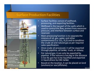 Surface Production Facilities
• Surface Facilities consist of wellhead,
processing, and exporting facilities.
• Wellhead is the top part of the wells which is
used to controlthe flow, protect from excessive
pressure, and interface between surface and
reservoir.
• Main processing function is to separatethe
mixture of oil, gas, water, and other
contaminants(i.e. CO2, H2S) and to condition
the crude oil and natural gas as per required
sales specification.
• Once crude oil processed, it will be exported
through pipeline, oil tanker, truck, or railway.
• For natural gas, it can only be exported by
pipeline. If the volume is too big or the distance
is too far, gas has to be liquefied and exported
in liquid phase by LNG tanker.
• Based on the location, it can be placed on land
(onshore) or sea (offshore).
 