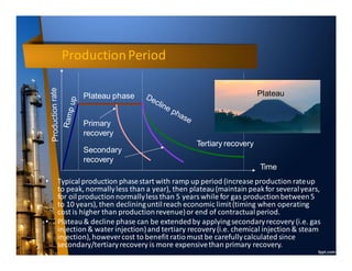 ProductionPeriod
Time
• Typicalproduction phasestart with ramp up period (increase production rateup
to peak, normallyless than a year), then plateau(maintain peakfor severalyears,
for oilproduction normallylessthan 5 years while for gas productionbetween5
to 10 years), then declininguntilreach economic limit(timing when operating
cost is higher than productionrevenue)or end of contractual period.
• Plateau& decline phase can be extendedby applyingsecondaryrecovery (i.e. gas
injection& water injection)and tertiary recovery(i.e. chemical injection & steam
injection),howevercost to benefit ratiomust be carefullycalculated since
secondary/tertiaryrecovery is more expensivethan primary recovery.
Plateau phase
Primary
recovery
Secondary
recovery
Tertiary recovery
Plateau
 