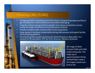 Floating LNG (FLNG)
• If large gas field is locatedvery far from shore, transportinglarge quantityof
gas via pipelineis technically& economically challenging.
• Small & medium size gas field locatedfarfrom shore sometimes cannot
justify the large investmentto builtLNG plant onshore.
• Another problemwith onshoreLNG is land acquisition.
• Long research had been conductedto bring LNG process and export facility
intoa floatingplatform.
• First FloatingLNG project sanctionedis Shell Prelude on May2015. It is
located onBrowse Basin, 475 km from Broome, Western Australia.
3D image of Shell
Prelude FLNG with LNG
tankeralong side. The
FLNG size is
approximately4 times
football field, make it
the largest vessel ever
builtso far.
 