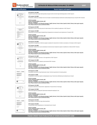 GOST Certification
STO Gazprom 5.33-2010
Heat insulation of sensing lines at gas measuring stations
СТО Газпром 5.33-2010
PLEASE ORDER YOUR PUBLICATION AT WWW.RUSSIANGOST.COM
Теплоизоляция линий зондирования на газоизмерительных станций
STATUS: Available
Format: Electronic (Adobe Acrobat, pdf)
This book is available in the following languages: English, German, French, Italian, Spanish, Arabic, Chinese, other (upon request).
Price: Please contact for price and discount offers.
Order No.: GS3301223
STO Gazprom 5.3-2006
Consumption and amount of liquid hydrocarbon media. Technical requirements for metering stations
СТО Газпром 5.3-2006
Потребление и количество жидкого углеводородного сред. Технические требования для измерительных станций
STATUS: Available
Format: Electronic (Adobe Acrobat, pdf)
Order No.: GS3301221
This book is available in the following languages: English, German, French, Italian, Spanish, Arabic, Chinese, other (upon request).
Price: Please contact for price and discount offers.
STO Gazprom 5.32-2009
Assurance of uniformity of measurements. Organization of measurements of natural gas
СТО Газпром 5.32-2009
Обеспечение единства измерений. Организация измерений природного газа
STATUS: Available
Format: Electronic (Adobe Acrobat, pdf)
Order No.: GS3301222
This book is available in the following languages: English, German, French, Italian, Spanish, Arabic, Chinese, other (upon request).
Price: Please contact for price and discount offers.
STO Gazprom 5.30-2009
Requirements for application of reference program complexes for measurement of medium consumption on the objects of OJSC 'Gazprom'
СТО Газпром 5.30-2009
Требования к применению ссылка программных комплексов для измерения среднего потребления на объектах ОАО «Газпром»
STATUS: Available
Format: Electronic (Adobe Acrobat, pdf)
Order No.: GS3301219
This book is available in the following languages: English, German, French, Italian, Spanish, Arabic, Chinese, other (upon request).
Price: Please contact for price and discount offers.
STO Gazprom 5.31-2009
Procedure of metrological supervision in the organizations of OJSC 'Gazprom'
СТО Газпром 5.31-2009
Порядок метрологического надзора в организациях ОАО «Газпром»
STATUS: Available
Format: Electronic (Adobe Acrobat, pdf)
Order No.: GS3301220
This book is available in the following languages: English, German, French, Italian, Spanish, Arabic, Chinese, other (upon request).
Price: Please contact for price and discount offers.
CATALOG OF REGULATIONS AVAILABLE TO ORDER GOST
STO Gazprom 5.29-2009
Organization of tests of measuring means for determination of their suitability for application in OJSC 'Gazprom'
СТО Газпром 5.29-2009
Организация испытаний средств измерений для определения их пригодности для применения в «Газпром» ОАО
STATUS: Available
Format: Electronic (Adobe Acrobat, pdf)
Order No.: GS3301218
This book is available in the following languages: English, German, French, Italian, Spanish, Arabic, Chinese, other (upon request).
Price: Please contact for price and discount offers.
STO Gazprom 5.28-2009
Provision on joint checks of gas metering stations and gas transfer terminals of gas distributing stations in OJSC 'Gazprom'
СТО Газпром 5.28-2009
Положение о совместных проверок учета газа станций и газоперекачивающих терминалов газораспределительных станций в ОАО «Газпром»
STATUS: Available
Format: Electronic (Adobe Acrobat, pdf)
Order No.: GS3301217
This book is available in the following languages: English, German, French, Italian, Spanish, Arabic, Chinese, other (upon request).
Price: Please contact for price and discount offers.
Russia imports and exports
 