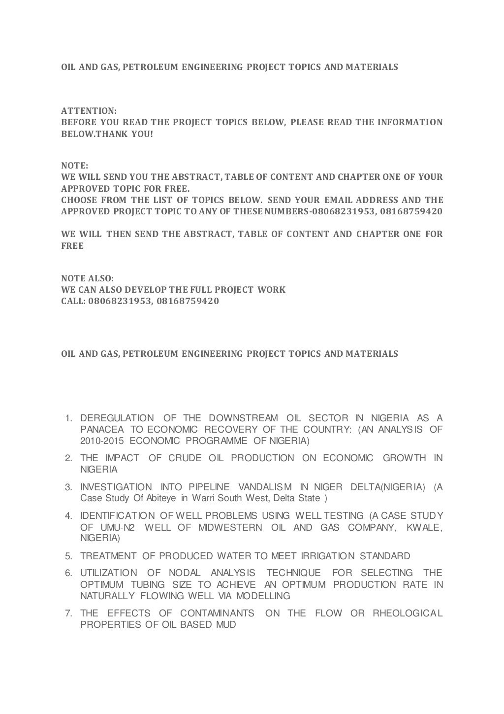 Oil and gas, petroleum engineering project topics and materials