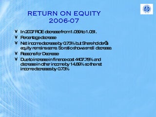 RETURN ON EQUITY 2006-07 In 2007 ROE decrease from 1.069 to 1.061.  Percentage decrease Net income decrease by 0.73% but Share holder’s equity remains same. So ratio shows small decrease. Reasons for Decrease Due to increase in finance cost 4407.78% and decrease in other income by 14.89% so the net income decreases by 0.73% 