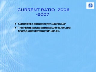 CURRENT RATIO  2006 -2007   Current Ratio decrease in year 2006 to 2007 The interest accrued decreased with 45.75% and financial asset decreased with 33.14%. 