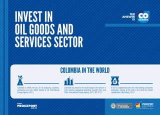 INVEST IN
OIL GOODS AND
SERVICES SECTOR
COLOMBIA IN THE WORLD
Colombia is within the top 20 oil producing countries,
producing over one million barrels of oil. International
Energy Agency, 2013.

Colombia has become the fourth largest oil producer in
Latin America surpassing Argentina, Ecuador, Peru, and
Chile. International Energy Agency, 2013. BP, 2012.

In 2012, Ecopetrol became one of the leading companies
worldwide, ranking as the sixth in the world by market
capitalization. Bloomberg, 2012.

L ib erta

y O rd e n

 