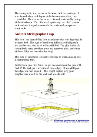The stratigraphic trap shown at the lower left is a cool one. It 
was formed when rock layers at the bottom were tilted, then 
eroded flat. Then more layers were formed horizontally on top 
of the tilted ones. The oil moved up through the tilted porous 
rock and was trapped underneath the horizontal, nonporous 
(cap) rocks. 
Another Stratigraphic Trap 
This hole has been drilled into a sandstone that was deposited in 
a stream bed. This type of sandstone follows a winding path, 
and can be very hard to hit with a drill bit! The plus is that old 
stream beds make excellent traps and reservoir rock, and some 
of these fields are tens of miles long! 
This type of sandstone is usually enclosed in shale, making this 
a stratigraphic trap. 
Just because you drill for oil or gas does not mean that you will 
find it! Oil and gas reservoirs all have edges. If you drill past 
the edge, you will miss it ! This might explain why your 
neighbor has a well on his land, and you do not! 
 
