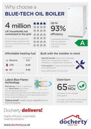 4 million
www.docherty.co.uk
Why choose a
BLUE-TECH OIL BOILER
Unbeatable efficiency:
The most efficient
domestic oil boiler
in Europe
UK households not
connected to the grid
Highly efficient, sustainable
heating solutions
www.docherty.co.uk
Docherty delivers!
Built with the installer in mindAffordable heating fuel
Oil is an attractive option for
heating those properties that
are not connected to the main
gas grid
A
65
Clean burn
compared to the average
140mg/kWh
mg/kWh
NOx
Future proof: meets future regulations on
NOx emissions
*prices correct Spring 2016
Electric 7.21
LPG 6.66
Oil 3.58
pence/kWh*
93%
efﬁciency
Up to
- Retroﬁt-friendly: boiler heat exchanger
ﬁtted with 4 tappings for ease of
installation in replacement situations
- Front access for quick and easy service
and maintenance
- Easy baffle system to save time
Latest Blue-Flame
technology
The clean burning Blue Flame allows
for totally soot free combustion.
MHG Burner (made in Germany)
with Blue-Flame technology:
Hot combustion gases are
re-circulated through the burner blast tube, reducing
consumption of heating oil and reducing emissions
to the lowest possible level
 