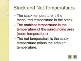 Stack and Net Temperatures
 The stack temperature is the
measured temperature in the stack
 The ambient temperature is the
temperature of the surrounding area
(room temperature)
 The net temperature is the stack
temperature minus the ambient
temperature.
 