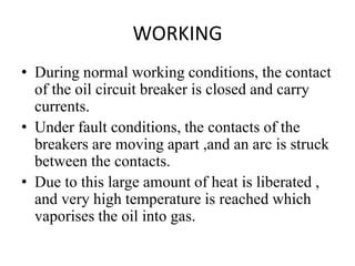 WORKING
• During normal working conditions, the contact
of the oil circuit breaker is closed and carry
currents.
• Under fault conditions, the contacts of the
breakers are moving apart ,and an arc is struck
between the contacts.
• Due to this large amount of heat is liberated ,
and very high temperature is reached which
vaporises the oil into gas.
 
