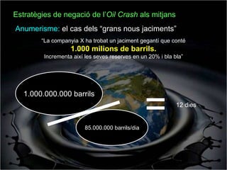 Estratègies de negació de l’Oil Crash als mitjans
Anumerisme: el cas dels “grans nous jaciments”
        “La companyia X ha trobat un jaciment gegantí que conté
                   1.000 milions de barrils.
         Incrementa així les seves reserves en un 20% i bla bla”




                                                  =
   1.000.000.000 barrils
                                                             12 dies


                         85.000.000 barrils/dia
 