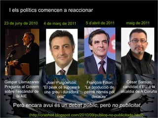 I els polítics comencen a reaccionar

23 de juny de 2010   4 de març de 2011       5 d’abril de 2011       maig de 2011




Gaspar Llamazares:   Joan Puigcercós:        François Fillon:        César Santiso,
Pregunta al Govern “El peak oil suposarà    “La producció de       candidat d’EU a la
sobre l’escàndol de una greu i duradora     petroli només pot     alcaldia de A Coruña
       la AIE              crisi”               decaure”

    Però encara avui és un debat públic, però no publicitat.
             (http://crashoil.blogspot.com/2010/09/publico-no-publicitado.html)
 