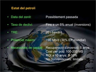 Estat del petroli

• Data del zenit:         Possiblement passada

• Taxa de declivi:        Fins a un 5% anual (inversions)

• TRE:                    20 i baixant

• Potencial màxim:        ~90 Mb/d (34% EP mundial)

• Necessitats de capital: Recuperació d’inversió: 5 anys
                          Cost per pou: 100-200 M$
                          ROI a 10 anys: 5-10%
                          No convencionals: limitats
 