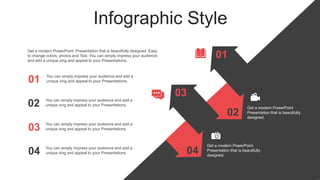 Infographic Style
02
04
03
Get a modern PowerPoint
Presentation that is beautifully
designed.
Get a modern PowerPoint
Presentation that is beautifully
designed.
02 You can simply impress your audience and add a
unique zing and appeal to your Presentations.
04 You can simply impress your audience and add a
unique zing and appeal to your Presentations.
You can simply impress your audience and add a
unique zing and appeal to your Presentations.
01
You can simply impress your audience and add a
unique zing and appeal to your Presentations.
03
01
Get a modern PowerPoint Presentation that is beautifully designed. Easy
to change colors, photos and Text. You can simply impress your audience
and add a unique zing and appeal to your Presentations.
 