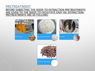 PRETREATMENT
BEFORE SUBJECTING THE SEEDS TO EXTRACTION PRETREATMENTS
ARE GIVEN TO THE SEEDS TO FACILITATE EASY OIL EXTRACTION.
PRETREATMENTS ARE AS FOLLOWS.
Seed cleaning Dehulling/decorticating Crushing
Cooking or conditioning
 