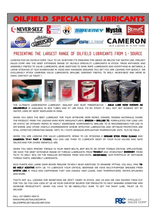 Oilfield specialty lubricants from Project Sales Corp