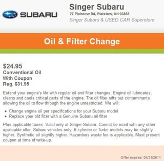 Oil & Filter Service Special Manchester NH | Singer Subaru