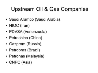 Upstream Oil & Gas Companies
●

Saudi Aramco (Saudi Arabia)

●

NIOC (Iran)

●

PDVSA (Venenzuela)

●

Petrochina (China)

●

Gazprom (Russia)

●

Petrobras (Brazil)

●

Petronas (Malaysia)

●

CNPC (Asia)

 