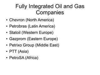 Fully Integrated Oil and Gas
Companies
●

Chevron (North America)

●

Petrobras (Latin America)

●

Statoil (Western Europe)

●

Gazprom (Eastern Europe)

●

Petrixo Group (Middle East)

●

PTT (Asia)

●

PetroSA (Africa)

 