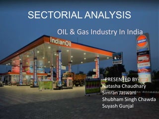 SECTORIAL ANALYSIS
OIL & Gas Industry In India
PRESENTED BY-
Natasha Chaudhary
Simran Jaswani
Shubham Singh Chawda
Suyash Gunjal
 