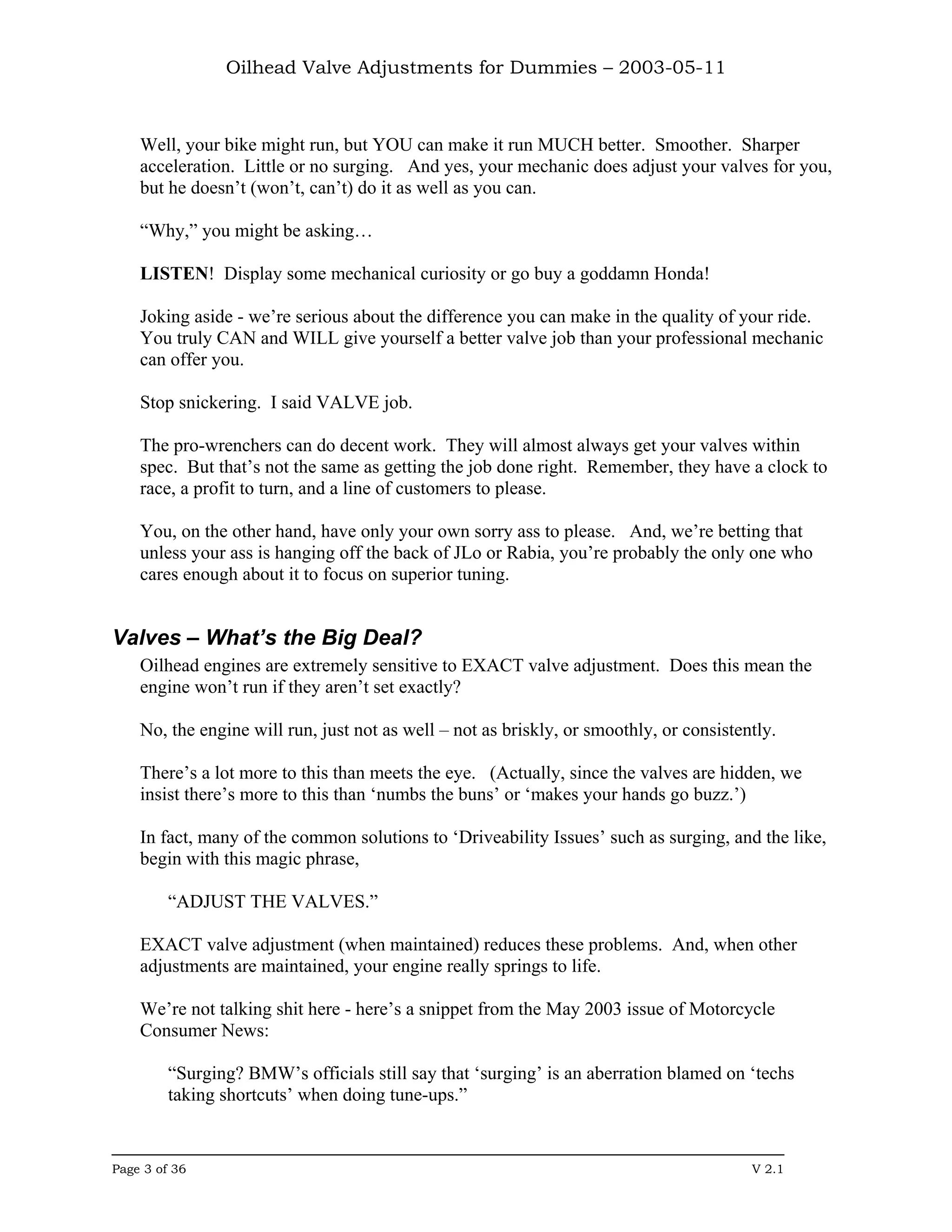 Oilhead Valve Adjustments