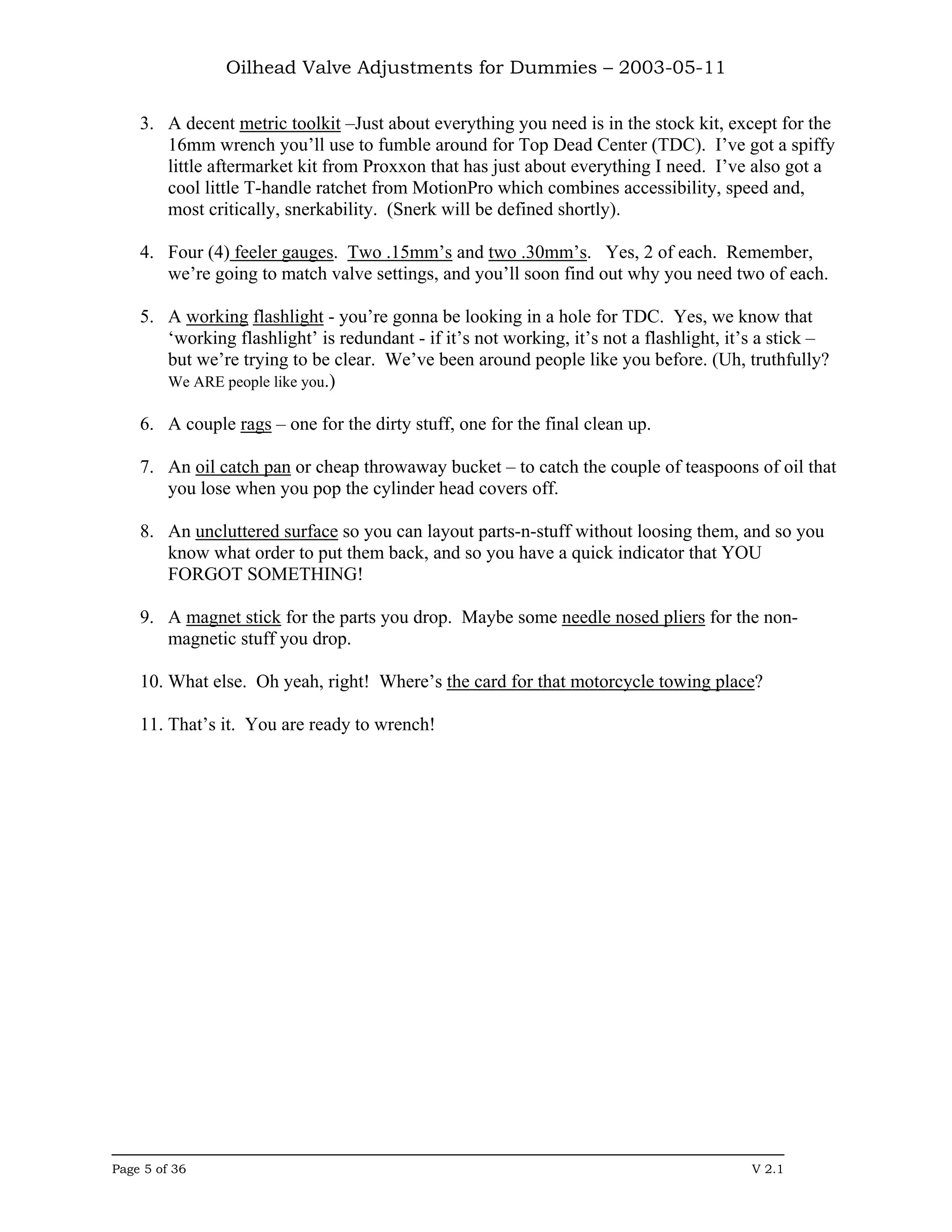 Oilhead Valve Adjustments
