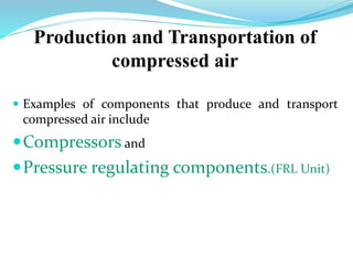 Production and Transportation of
compressed air
 Examples of components that produce and transport
compressed air include
Compressors and
Pressure regulating components.(FRL Unit)
 