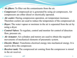  Air filters: To filter out the contaminants from the air.
 Compressor: Compressed air is generated by using air compressors. Air
compressors are either diesel or electrically operated.
 Air cooler: During compression operation, air temperature increases.
Therefore coolers are used to reduce the temperature of the compressed air.
 Dryer: The water vapour or moisture in the air is separated from the air by
using a dryer.
 Control Valves: To regulate, control and monitor for control of direction
flow, pressure etc.
 Air Actuator: Air cylinders and motors are used to obtain the required
movements of mechanical elements of pneumatic system.
 Electric Motor: Transforms electrical energy into mechanical energy. It is
used to drive the compressor.
 Receiver tank: The compressed air coming from the compressor is stored
in the air receiver.
613 August 2020 @RT
 