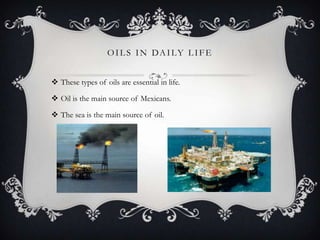 O I L S I N DA I LY L I F E
 These types of oils are essential in life.
 Oil is the main source of Mexicans.
 The sea is the main source of oil.

 