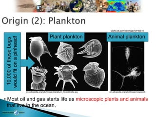 cache.eb.com/eb/image?id=93510
en.wikipedia.org/wiki/Image:Copepod.
en.wikipedia.org/wiki/Image:Ceratium_hirundinella.jpg
• Most oil and gas starts life as microscopic plants and animals
that live in the ocean.
Plant plankton Animal plankton
10,000
of
these
bugs
would
fit
on
a
pinhead!
 
