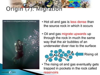 www.diveco.co.nz/img/gallery/2006/diver_bubbles.jpg
• Hot oil and gas is less dense than
the source rock in which it occurs
• Oil and gas migrate upwards up
through the rock in much the same
way that the air bubbles of an
underwater diver rise to the surface
• The rising oil and gas eventually gets
trapped in pockets in the rock called
reservoirs
Rising oil
 