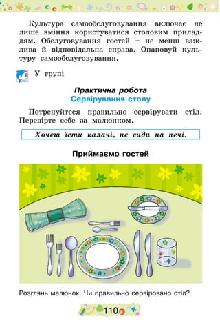 110
Культура самообслуговування включає не
лише вміння користуватися столовим прилад-
дям. Обслуговування гостей – не менш важ-
лива й відповідальна справа. Опановуй куль-
туру самообслуговування.
	 У групі
Практична робота
Сервірування столу
Потренуйтеся правильно сервірувати стіл.
Перевірте себе за малюнком.
Хочеш їсти калачі, не сиди на печі.
Приймаємо гостей
Розглянь малюнок. Чи правильно сервіровано стіл?
 
