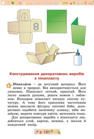 131
Конструювання декоративних виробів
з пінопласту
	Пінопласт – це штучний матеріал. Його
немає в природі. Він використовується для
упаковок. Пінопласт легкий, крихкий. Його
легко ламати руками, різати ножем і лобзи-
ком. Кольором пінопласт нагадує снігову ку-
чугуру. А тому його крихкими часточками
можна викласти фігурку снігової баби, деко-
ративно оздобити засніжену ялинку, ніби мо-
заїкою, вкрити контури квітів, метеликів тощо.
Для декоративних виробів з пінопласту зна-
добляться клей, картон, ножиці, а інколи й
наждачний папір.
 