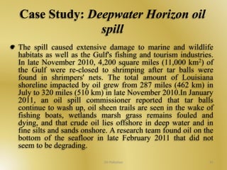 Case Study: Deepwater Horizon oil 
spill 
The spill caused extensive damage to marine and wildlife 
habitats as well as the Gulf's fishing and tourism industries. 
In late November 2010, 4,200 square miles (11,000 km2) of 
the Gulf were re-closed to shrimping after tar balls were 
found in shrimpers' nets. The total amount of Louisiana 
shoreline impacted by oil grew from 287 miles (462 km) in 
July to 320 miles (510 km) in late November 2010.In January 
2011, an oil spill commissioner reported that tar balls 
continue to wash up, oil sheen trails are seen in the wake of 
fishing boats, wetlands marsh grass remains fouled and 
dying, and that crude oil lies offshore in deep water and in 
fine silts and sands onshore. A research team found oil on the 
bottom of the seafloor in late February 2011 that did not 
seem to be degrading. 
Oil Pollution 41 
 