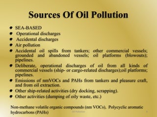 Sources Of Oil Pollution 
SEA-BASED 
Operational discharges 
Accidental discharges 
Air pollution 
Accidental oil spills from tankers; other commercial vessels; 
grounded and abandoned vessels; oil platforms (blowouts); 
pipelines. 
Deliberate, operational discharges of oil from all kinds of 
commercial vessels (ship- or cargo-related discharges);oil platforms; 
pipelines. 
Emissions of nmVOCs and PAHs from tankers and pleasure craft, 
and from oil extraction. 
Other ship-related activities (dry docking, scrapping). 
Other activities (dumping of oily waste, etc.) 
Non-methane volatile organic compounds (nm VOCs), Polycyclic aromatic 
hydrocarbons (PAHs) Oil Pollution 8 
 