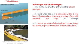 Using Oil Booms
Advantages and disadvantages:
→ This method is effective only when the oil is in
one spot.
→ It works when the spill is accessible within a few
hours of taking place; otherwise, the area of the spill
becomes too large to manage
→ It cannot be successfully employed under rough
sea waves, high wind velocities or fluctuating tides.
 