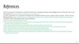 References
RCP Concentration Calculations and Data Final Version, background data, acknowledgements and further info. (n.d.).
Retrieved from http://www.pik-potsdam.de/~mmalte/rcps/
Jc. (2011, November 14). Using the COT Report for Canadian Dollar Futures to Help Trade Crude Oil - All Star Charts -.
Retrieved from https://allstarcharts.com/using-the-cot-report-for-canadian-dollar-futures-to-help-trade-crude-oil/
Canadian Dollar (FXC) plotted with Crude Oil (WTIC)
https://ourworldindata.org/fossil-fuels
http://theamericanenergynews.com/markham-on-energy/weak-oil-prices-undermine-any-chance-of-recovery-for-
alberta-finances-before-2019-election
https://www.investorsfriend.com/canadian-gdp-canadian-imports-and-exports/
https://www.fool.com/investing/2017/03/19/you-wont-believe-what-saudi-arabias-oil-production.aspx
https://www.pembina.org/reports/oilsands-decarbonization-factsheet.pdf
https://dailyhive.com/vancouver/trudeau-china-pipeline-lawsuit-fipa-agreement
https://thebottomline.as.ucsb.edu/2013/04/keystone-xl-pipeline-construction-back-on-the-drawing-board-states-
review-pros-and-cons
11
 