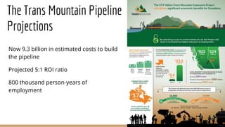 The Trans Mountain Pipeline
Projections
Now 9.3 billion in estimated costs to build
the pipeline
Projected 5:1 ROI ratio
800 thousand person-years of
employment
7
 