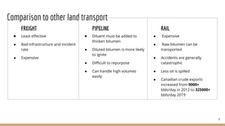 Comparison to other land transport
FREIGHT
● Least effective
● Bad infrastructure and incident
rate
● Expensive
PIPELINE
● Diluent must be added to
thicken bitumen
● Diluted bitumen is more likely
to ignite
● Difficult to repurpose
● Can handle high volumes
easily
RAIL
● Expensive
● Raw bitumen can be
transported
● Accidents are generally
catastrophic
● Less oil is spilled
● Canadian crude exports
increased from 9000+
bbls/day in 2012 to 325000+
bbls/day 2019
9
 