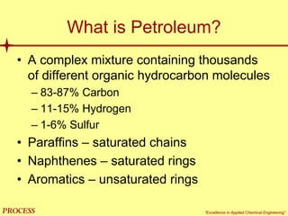 mol`bpp “Excellence in Applied Chemical Engineering”
What is Petroleum?
• A complex mixture containing thousands
of different organic hydrocarbon molecules
– 83-87% Carbon
– 11-15% Hydrogen
– 1-6% Sulfur
• Paraffins – saturated chains
• Naphthenes – saturated rings
• Aromatics – unsaturated rings
 