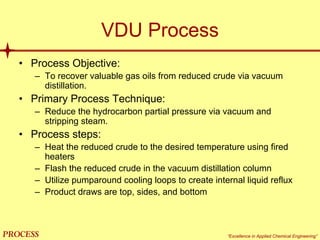 mol`bpp “Excellence in Applied Chemical Engineering”
VDU Process
• Process Objective:
– To recover valuable gas oils from reduced crude via vacuum
distillation.
• Primary Process Technique:
– Reduce the hydrocarbon partial pressure via vacuum and
stripping steam.
• Process steps:
– Heat the reduced crude to the desired temperature using fired
heaters
– Flash the reduced crude in the vacuum distillation column
– Utilize pumparound cooling loops to create internal liquid reflux
– Product draws are top, sides, and bottom
 